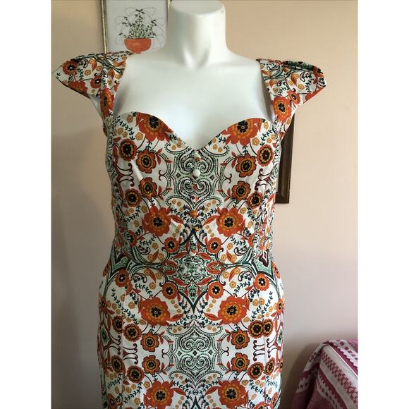 NWT Anthropologie Orange Floral Maxi Bodycon Dress Cap Sleeve Large Fishtail - Picture 2 of 11